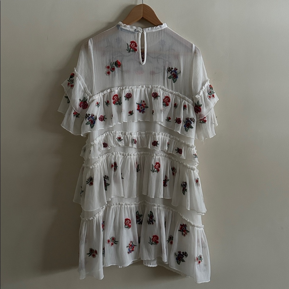 Zara Ivory Floral Whimsy Boho Embroidered Chiffon Tiered Lined Mini Dress Med - Picture 5 of 16